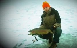 big ol rainbow, ice fishing